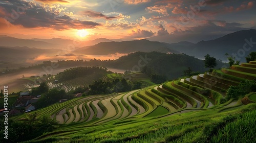 Thailand. Rice terraces agricultural sceneries. Rice fields with asian farmers. Vector illustration. People planting and grow rice in rainy season.
