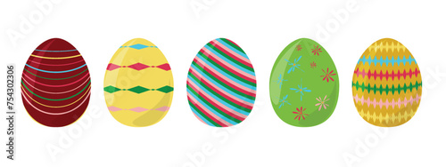 Happy Easter Set colorful eggs with different texture Spring holiday Vector Illustration Cartoon Colored egg with different ornaments Paschal object collection Decorative elements