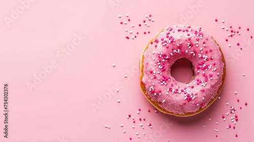  a donut with pink icing and sprinkles on a pink background with white and pink sprinkles.
