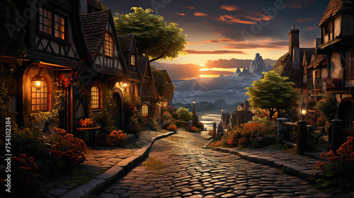 A charming village at sunset, with warm light illuminating traditional houses and winding streets.