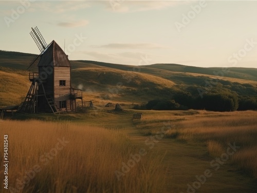 Wooden mill on a hill. Cinematic. Generative AI.