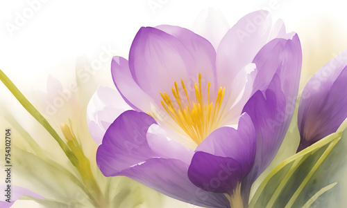 Delicate purple crocus in bloom on summer branches in garden. Bouquet of flower watercolor painting. Beautiful flower. Lovely flower. flower in tropical garden. purple crocus flower bouquet. Banner.