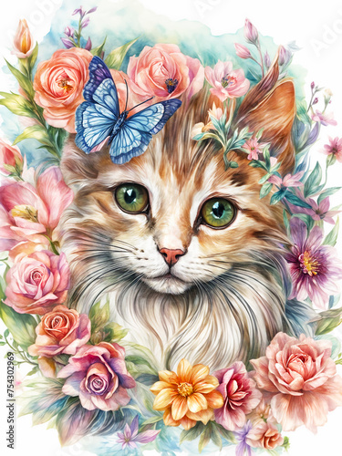 Cat with flowers. Portrait of a fluffy kitten in a light floral design. Cute cat on a card