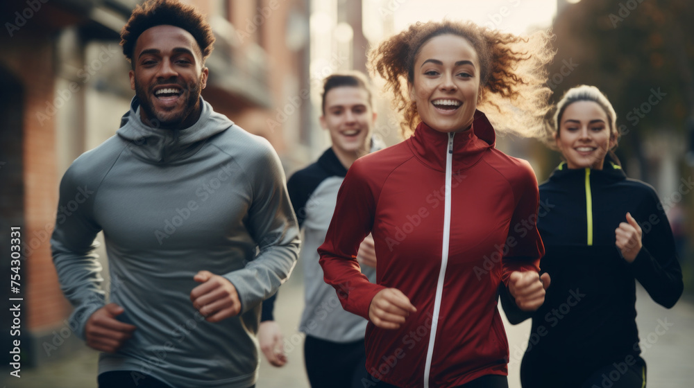 Obraz premium A group of happy athletic young people, Students in sports clothes, jogging together outdoors. Training, Running, Sports, Summer, Fitness, Motivation, Physical Education, Healthy Active concepts.