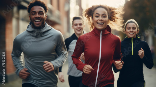 A group of happy athletic young people, Students in sports clothes, jogging together outdoors. Training, Running, Sports, Summer, Fitness, Motivation, Physical Education, Healthy Active concepts. photo