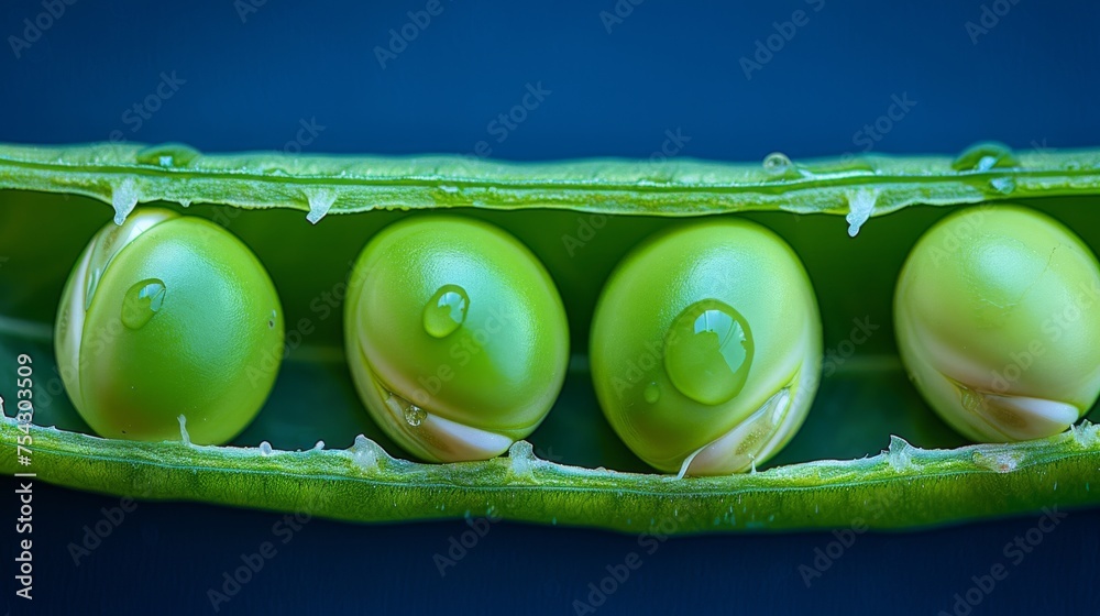  a close up of a green pea pod with three pea pods in the middle of the pod and three pea pods in the middle of the pod. - obrazy, fototapety, plakaty 
