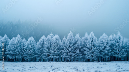 A snowy field with a line of trees in the background