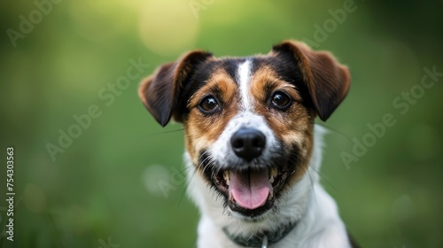 portrait of brown white and black medium mixed breed dog smiling against a green background