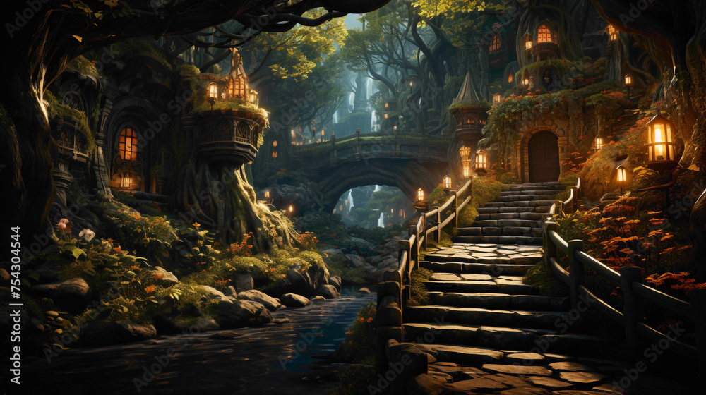 Fototapeta premium A dense and enchanting forest with sunlight filtering through the leaves, creating a magical atmosphere.