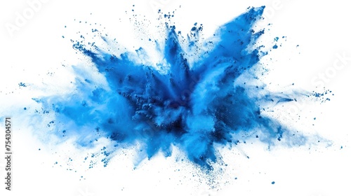 Abstract bright blue dust explosion on white background, Freeze motion of blue powder exploding