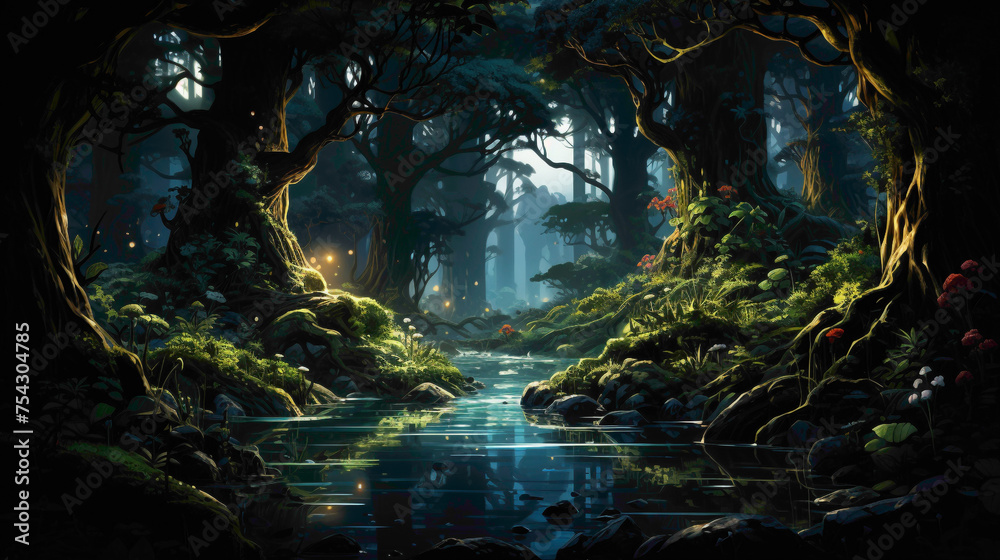 A dense and mystical forest at twilight, with the last rays of sunlight casting a warm and magical glow on the vibrant green foliage. A dense and mystical forest at twilight, with the last rays of sunlight casting a warm and magical glow on the vibrant green foliage.