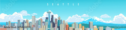 Seattle city skyline daylight cloudy panoramic horizontal banner design	