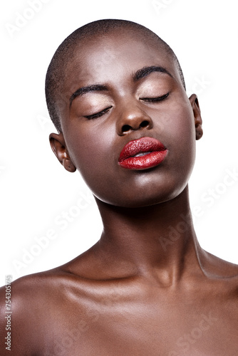 African, beauty and makeup on face in studio on white background with glow on skin from dermatology. Calm, model and lipstick from cosmetics and black woman with healthy skincare in mockup space