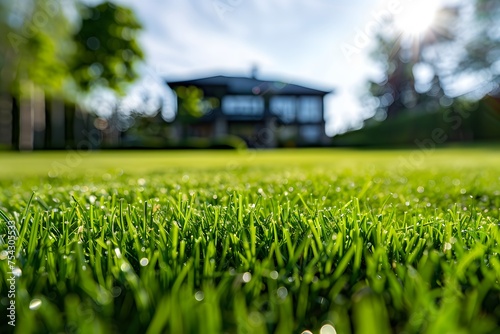 Mowed grass on a vast garden, a house in the blurred background.