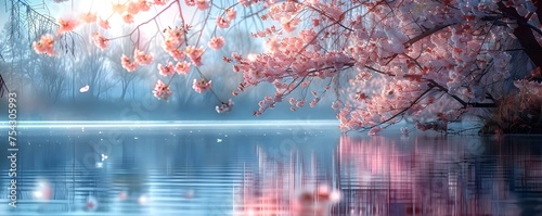 Serenity unfolds as cherry blossoms delicately frame the edges of a tranquil lake their petals forming a delicate embrace around the peaceful waters. Concept Nature Photography, Cherry Blossoms
