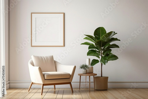 A clean, white frame against beige and Scandinavian tones, with a glimpse of a modern living room - plain walls, wooden floor, and a potted plant.