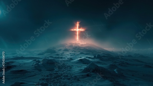 Glowing Cross in Snowy Landscape