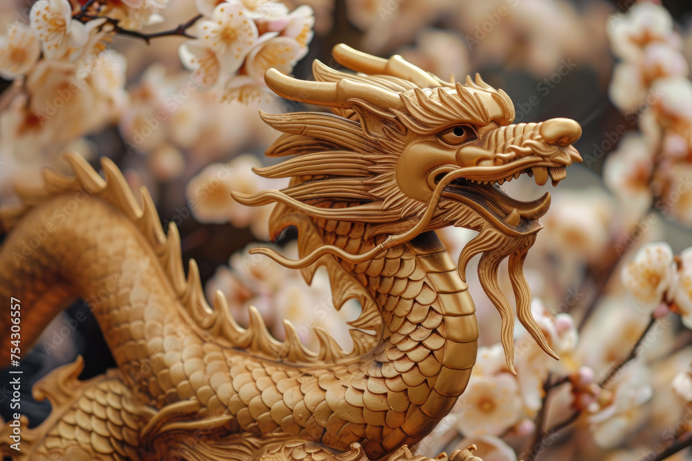 Obraz premium gold colored dragon on the plum blossom background