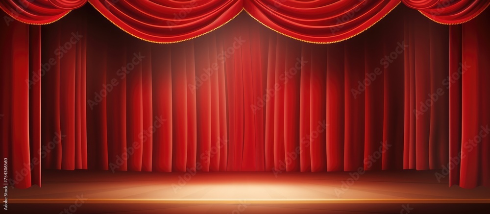 A theater stage is set with a vibrant red curtain drawn to the sides ...