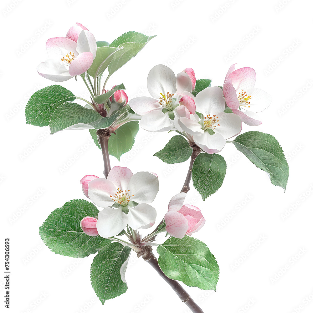 Obraz premium White background, pink and white apple blossoms on a branch with green leaves