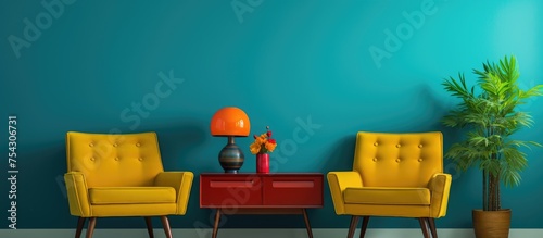 This living room features two yellow chairs, a green table, and blue walls. The chairs are positioned facing each other with a table in between. photo