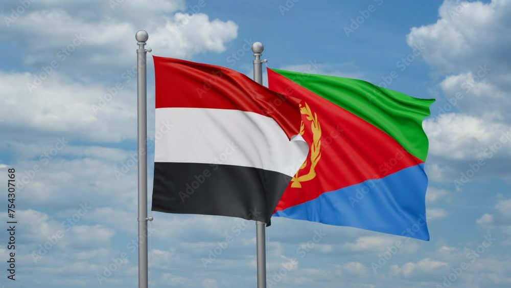 Eritrea and Yemen two flags waving together, looped video, two country cooperation concept Eritrea and Yemen two flags waving together, looped video, two country cooperation concept