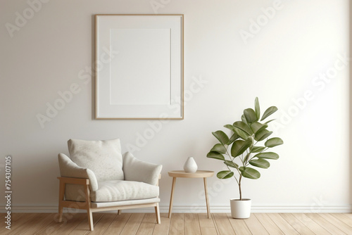 A clean, white frame against beige and Scandinavian tones, with a glimpse of a modern living room - plain walls, wooden floor, and a potted plant.