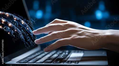 Robotic hand reaching out of laptop screen to begin ty photo