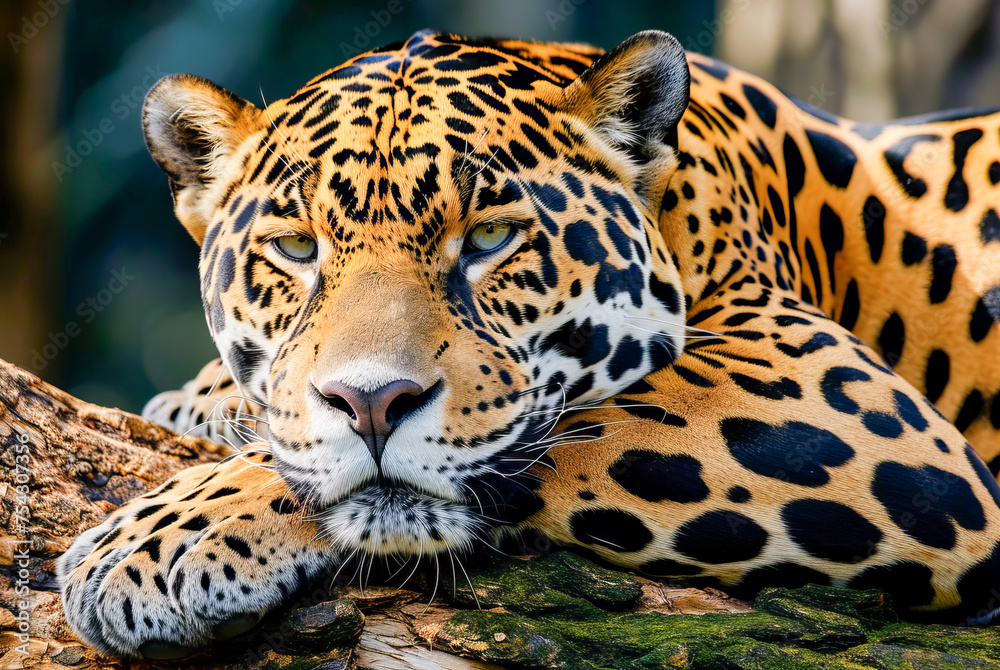 Portrait of Jaguar Panthera Onca lying on the tree Portrait of Jaguar Panthera Onca lying on the tree