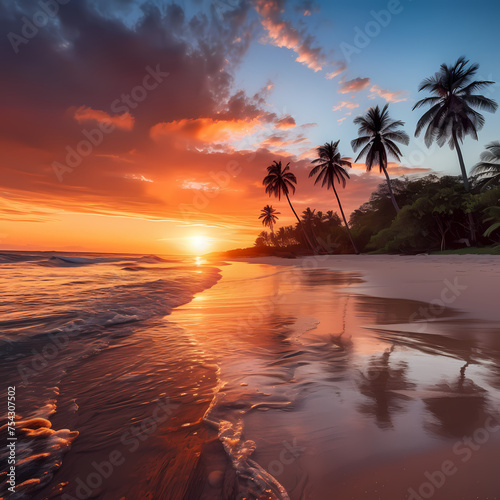 A serene beach sunset with palm trees.