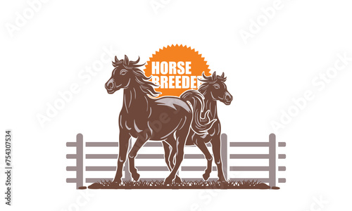 HORSE BREEDER LOGO, silhouette of great strong horse at farm vector illustrations