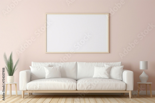 Behold the simplicity of a beige and Scandinavian sofa juxtaposed with a white blank empty frame for copy text, against a soft color wall background.