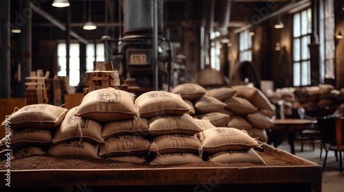 Generative AI, Stack hemp sacks of rice or coffee, industrial storage