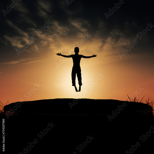 A silhouette of a person jumping on a trampoline.