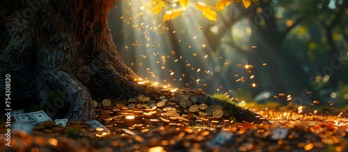 Ancient Tree Trunk Surrounding Pile of Currency Basks in Sunlight - Financial Wisdom Concept photo
