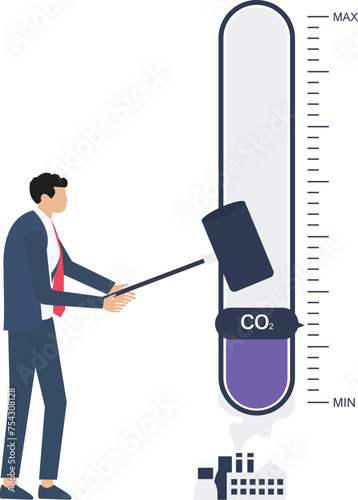 Zero emission concept, woman turning gauge arrow pointer to lowest level of CO2. New energy to decarbonize industry, energy

