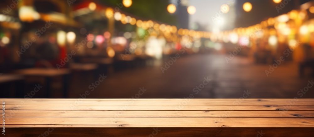 A wooden table top is shown in the foreground of the image, with blurry lights in the background creating a soft and diffused lighting effect. A wooden table top is shown in the foreground of the image, with blurry lights in the background creating a soft and diffused lighting effect.
