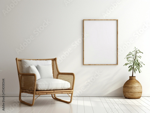 Behold the timeless beauty of a modern living room boasting a wicker chair, floor vases, and a blank mockup poster frame against a clean white wall.