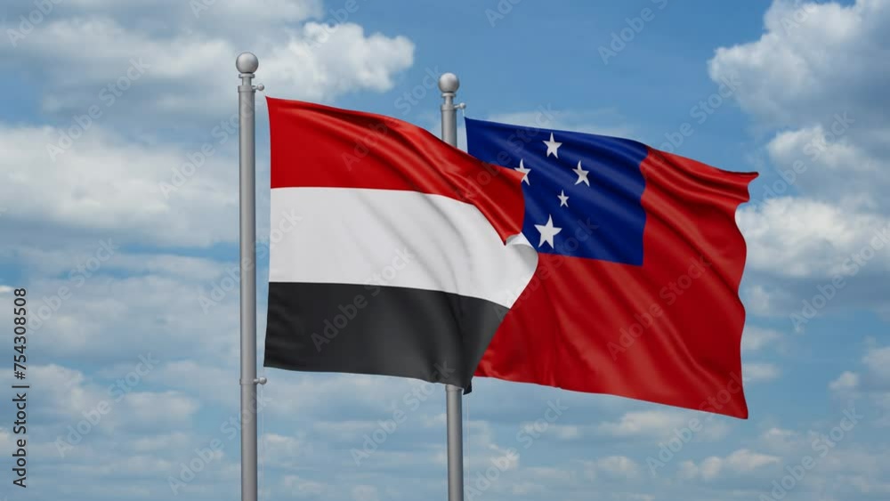 Samoa and Yemen two flags waving together, looped video, two country cooperation concept Samoa and Yemen two flags waving together, looped video, two country cooperation concept