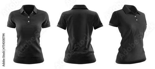 Set of woman black front, back and side view collar slim fit polo tee shirt on transparent background cutout, PNG file. Mockup template for artwork graphic design. 