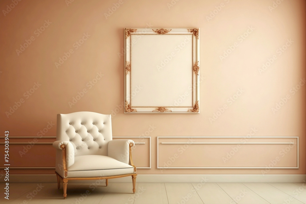 Fototapeta premium Beige chair and blank frame against a soft-colored wall.