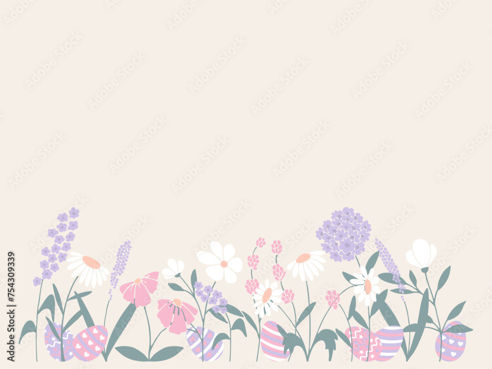 Easter multicolored pastel botanic pattern of flowers, plants, eggs in flat style. Elegant, aesthetic, stylish hand drawing doodles of vector vintage botanical elements. Background with copy space.