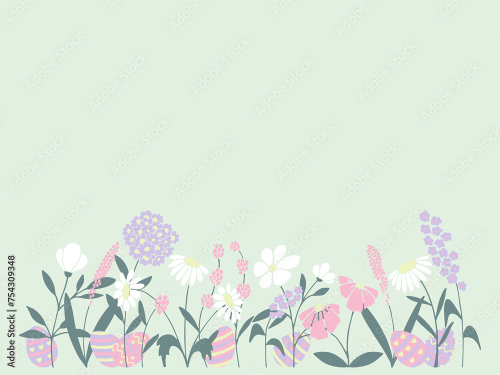 Easter multicolored pastel botanic pattern of flowers, plants, eggs in flat style. Elegant, aesthetic, stylish hand drawing doodles of vector vintage botanical elements. Background with copy space. Easter multicolored pastel botanic pattern of flowers, plants, eggs in flat style. Elegant, aesthetic, stylish hand drawing doodles of vector vintage botanical elements. Background with copy space.