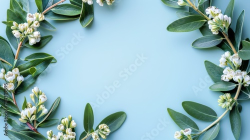  a wreath of white flowers and green leaves on a blue background with a place for an inscription in the center.