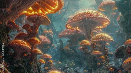 Fantastical jellyfish-like mushrooms in an enchanted forest dreamscape