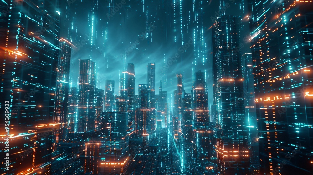 A futuristic cityscape where buildings are composed of digital code glowing with data streams under a sky lit by neon lights