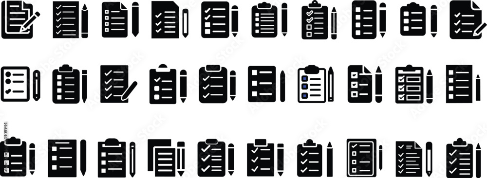 Black Form icon set. Stack of paper, Checklist, Checkmarks, Magnifier, Pencil, Quality check simple black style symbol sign for apps and website, vector illustration