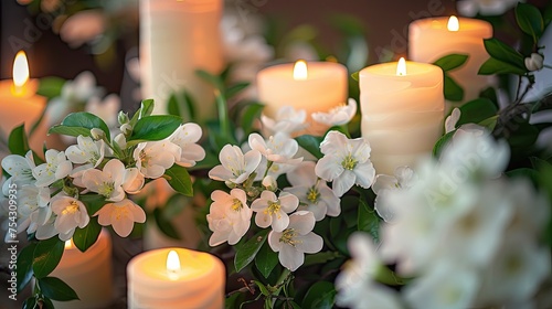 beautiful flowering tree with burning white candles decoration 