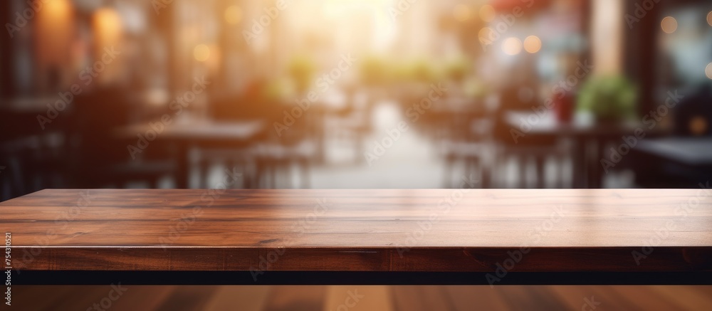 A wooden table sits empty in front of a blurred coffee shop background, creating a simple yet inviting scene.