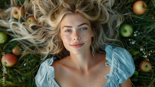 Young blonde woman lying among apples.